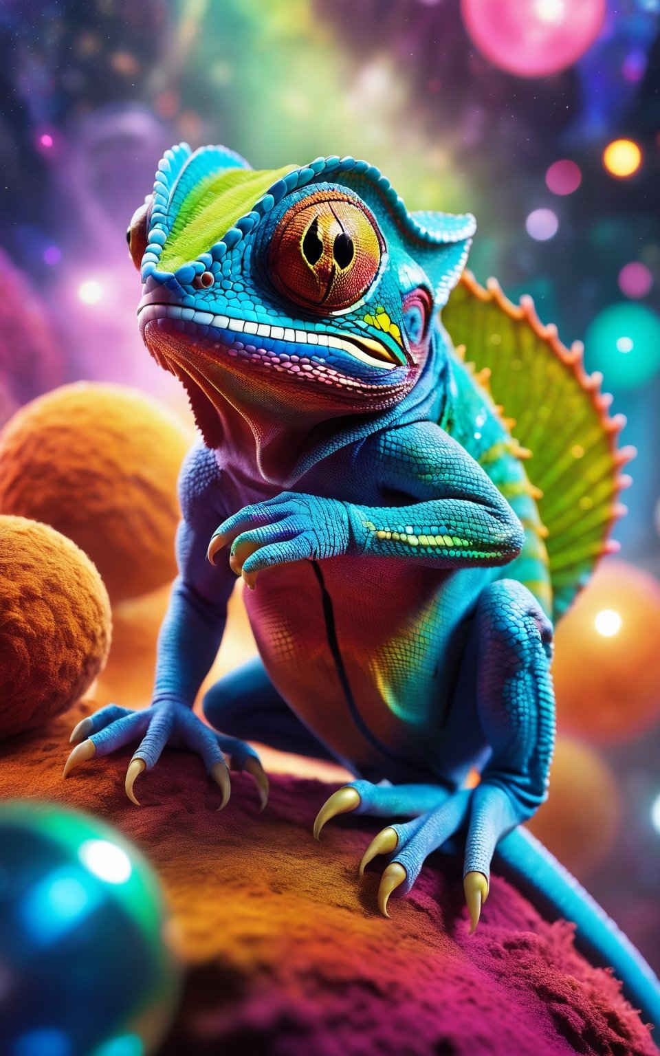 (best quality,8K,highres,masterpiece), ultra-detailed, (cute intergalactic chameleon with multicolored skin in a space disco), a charming intergalactic chameleon with vibrant, multicolored skin, adding to its whimsical charm. The creature is situated in a space disco constructed from comfy flow connections and nodes, creating a unique and futuristic environment. Every detail of the scene is highly detailed, from the intricate patterns on the chameleon's skin to the translucent quality of its appearance. The atmosphere is lively and dynamic, with pulsating lights and energetic music filling the space disco. This artwork captures the playful and otherworldly nature of the intergalactic chameleon as it explores its cosmic surroundings. Feel free to add your own creative touches to enhance the vibrancy and liveliness of this captivating scene.