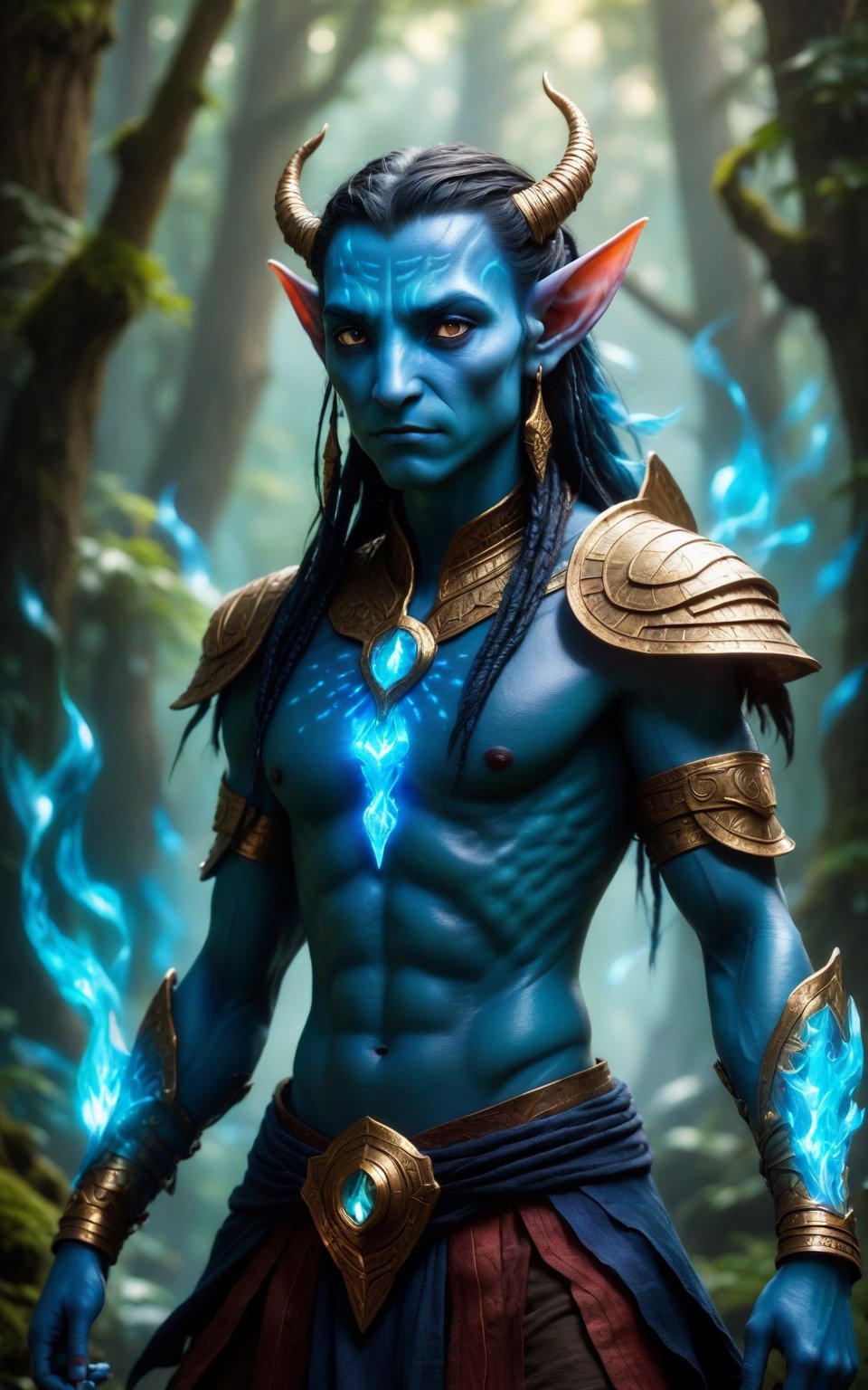 (best quality,8K,highres,masterpiece), ultra-detailed, (blue humanoid avatar with bioluminescent markings and pointed elf ears), a mesmerizing blue humanoid avatar exuding an aura of magic and mystique. The avatar's skin is adorned with bioluminescent markings, dots, and patterns that illuminate their body in a mesmerizing display of light. Their pointed elf ears add to their mystical appearance, hinting at their otherworldly nature. Avatar-like hair cascades around their shoulders, with a deep black color that contrasts beautifully against their shimmering, iridescent blue skin. Their eyes sparkle with a glowing blue hue, radiating with a sense of inner power and wisdom. The avatar possesses a warrior-like demeanor, with every detail meticulously rendered to convey strength and determination. This artwork captures the essence of magic and fantasy, inviting the viewer into a world of wonder and enchantment. Feel free to add your own creative touches to enhance the realism and detail of this captivating avatar.