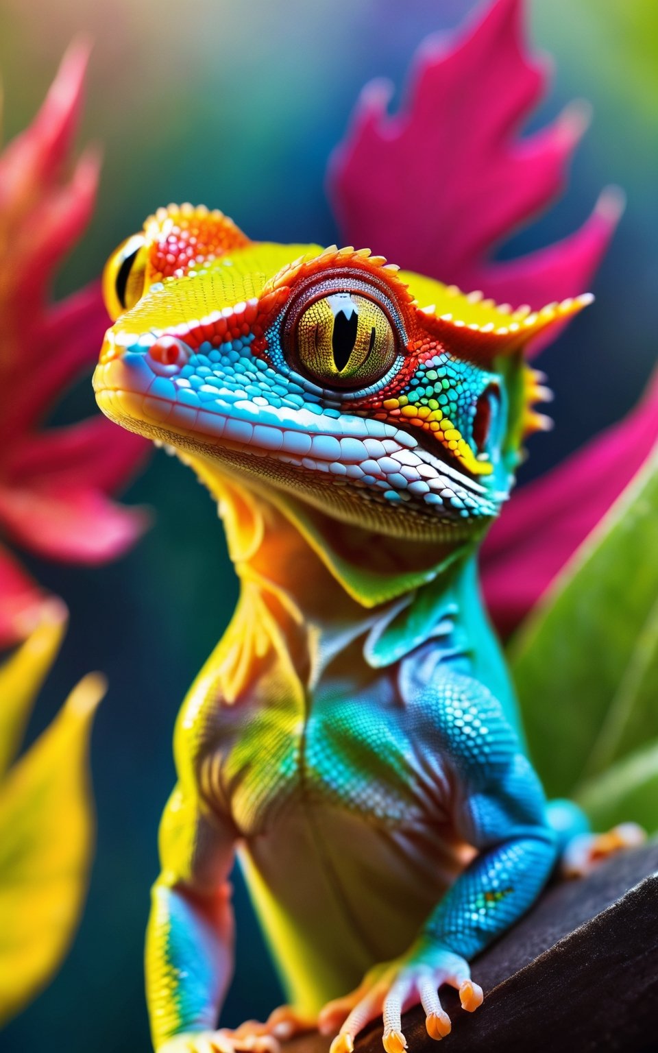 (best quality,8K,highres,masterpiece), ultra-detailed, (ethereal gecko lizard with colorful skin), a majestic gecko lizard with vibrant, colorful skin. The gecko's body is adorned with intricate patterns and hues, creating a mesmerizing display of color and texture. Its big eyes gleam with ethereal beauty, showcasing heterochromia for added visual interest. The overall composition is a masterpiece, capturing the gecko's perfect eyes and exquisite details with unparalleled precision. With the highest quality rendering, this artwork exudes a sense of majesty and wonder. The depth of field effect adds dimension to the scene, drawing the viewer's gaze to the gecko's stunning features. Feel free to explore easy negative space to accentuate the gecko's presence and make it stand out even more in this captivating artwork.