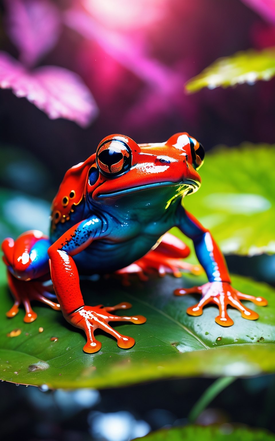 (best quality,8K,highres,masterpiece), ultra-detailed, (alien red frog), an otherworldly red frog with alien features. The frog's body is adorned with exotic patterns and textures, reminiscent of extraterrestrial origins. Its vibrant red skin contrasts with the surrounding environment, adding to its alien allure. The frog's eyes gleam with an otherworldly glow, hinting at its mysterious nature. Feel free to add your own creative touches to enhance the unique and otherworldly qualities of this captivating creature.