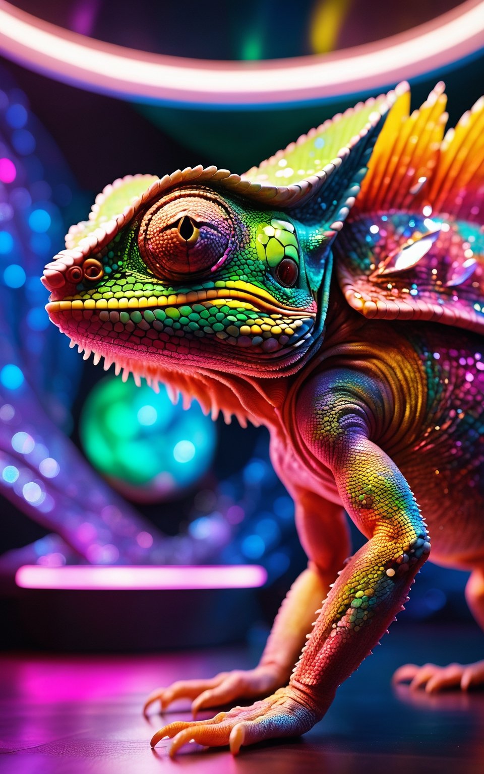 (best quality,8K,highres,masterpiece), ultra-detailed, (cute intergalactic chameleon in a space disco), a charming intergalactic chameleon with multicolored skin, blending seamlessly into a space disco environment. The chameleon's skin shimmers with a myriad of colors, reflecting the vibrant lights and pulsating energy of the disco. The space disco is constructed from comfy flow connections and nodes, creating a futuristic and visually stunning backdrop. Every detail of the chameleon and its surroundings is highly detailed, with intricate patterns and textures adding to the overall aesthetic. The chameleon's skin is translucent, allowing glimpses of its internal structure to shine through in the disco's neon glow. Feel free to add your own creative touches to enhance the whimsical and futuristic atmosphere of this captivating scene.