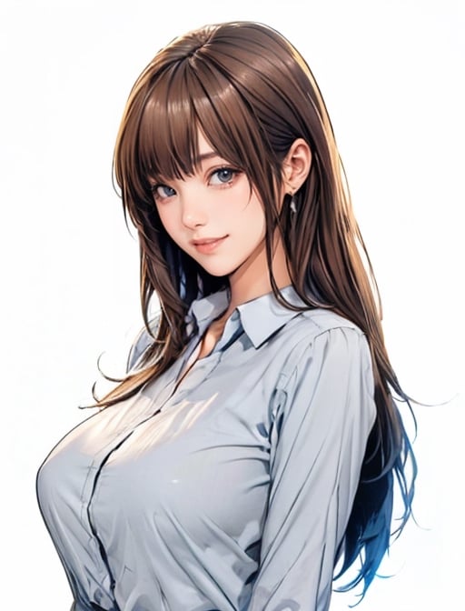 1 anime girl, (big breasts 1.5), (long brown hair, bangs: 1.2), smiling, slightly chubby, wearing a white shirt, gray and black skirt, sexy OL, white background
,obata takeshi