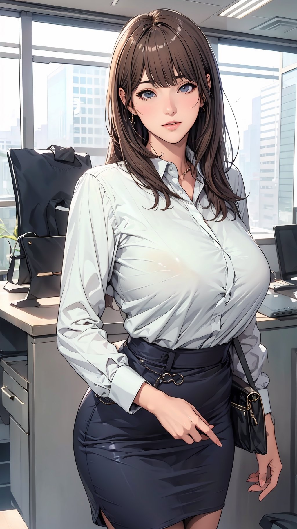1 anime girl, (big breasts 1.5), (long brown hair, bangs: 1.2), slightly plump figure, wearing a white shirt, gray and black skirt, sexy OL, handbag, office background,High detailed 