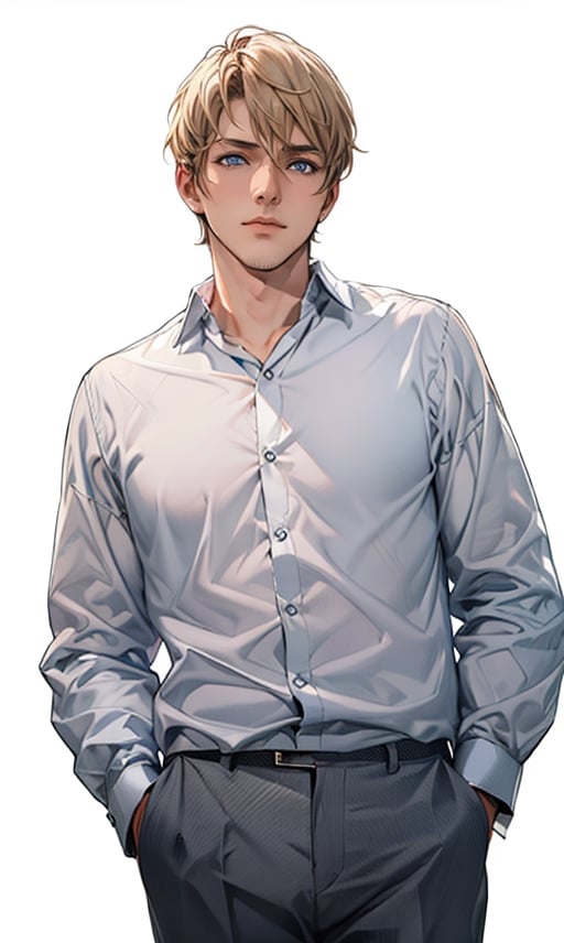 (masterpiece, boutique, quality, exquisite characters), 1 handsome office worker, single, standing, hands in pockets, short blond hair, (bangs), blue eyes, fair skin, wearing white shirt, dark gray trousers, white background ,
