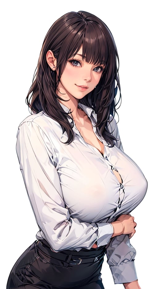1 Anime girl in the elevator, (big breasts 1.5), (long brown hair, bangs: 1.2), smiling, slightly fat, wearing a white shirt, gray and black skirt, sexy OL, white background,oda non