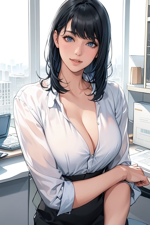 1 female, blue-black hair, white shirt, office
