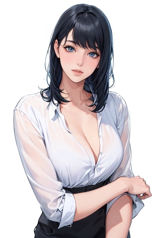 1 woman, blue-black hair, white shirt, white background
