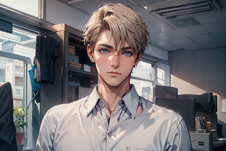 (Masterpiece, boutique, quality, exquisite character), handsome office worker 1, standing, hands in pockets, short blond hair, (bangs), blue eyes, fair skin, solemn expression, wearing white shirt, dark gray trousers, office
,midjourney