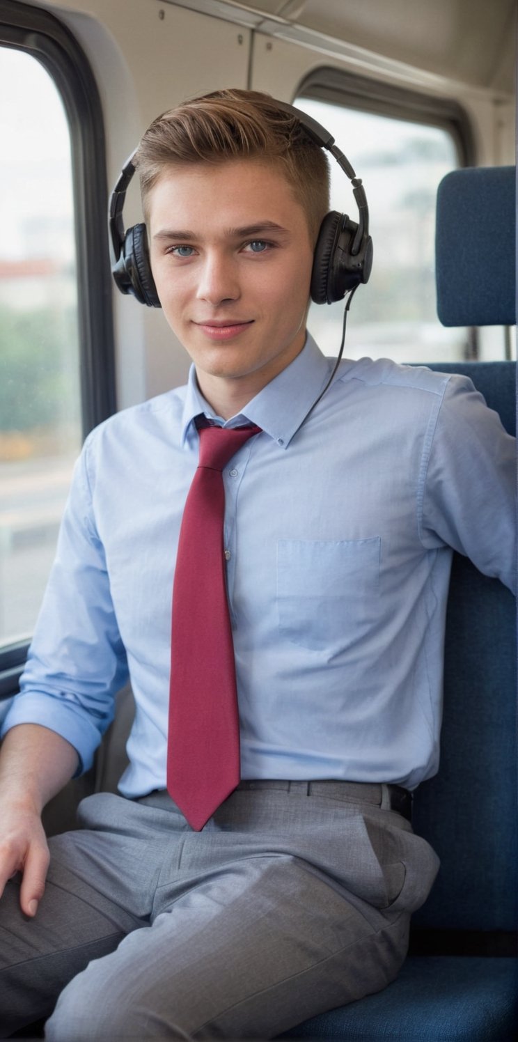 Imagine the following scene.

Inside a passenger bus. In a position next to a window. A beautiful man is sitting on the seat. Through the window you can see a large street with many cars.

The man is sitting on the bus seat with wireless headphones listening to music. Smile. His eyes shine.

Full body shot

The man is from moruega. Very clear and bright blue eyes. Full and red lips. Long eyelashes, slim body, 16yo. young

Wearings a school uniform..

Very detailed. You can capture the details of the scene.

Full body shot