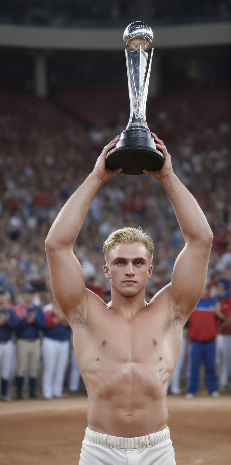 Imagine the following scene.

An Olympic podium. Standing a beautiful man raises a winner's trophy. In the background a stand full of people celebrating their victory

The man has the trophy in his hands extended upwards. Showing the entire public his prize. Expresses great joy.

The man is a baseball player. He wears a blue baseball uniform with red lines. The uniform fitted to his muscular body.

The man is from Latvia. Very large and bright blue eyes. Clear eyes. Long eyelashes, full and red lips. Muscular. Very sweaty, very humid. Very light blonde hair

The image should reflect the baseball player's happiness for winning the trophy. Take care of the proportions. Very real.

The shot is wide to notice the details of the scene.