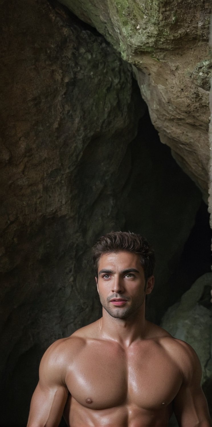 Imagine the following scene: In a very dark cave, a cave at the center of the earth, a cave with stalagmite and stalactites coming down the cave a beautiful man. The man is from Greece, 28yo, very light green eyes, bright and big eyes. Long eyelashes, full red lips, tall. Muscular, hair with golden highlights (((The man's clothes of an archaeologist))) Go down the cave. Walking. The shot is wide to capture the details of the scene, full body shot. The shot is from bottom to top, in perspective. the best quality, 8K, high resolution, masterpiece, HD, perfect proportions, perfect hands.