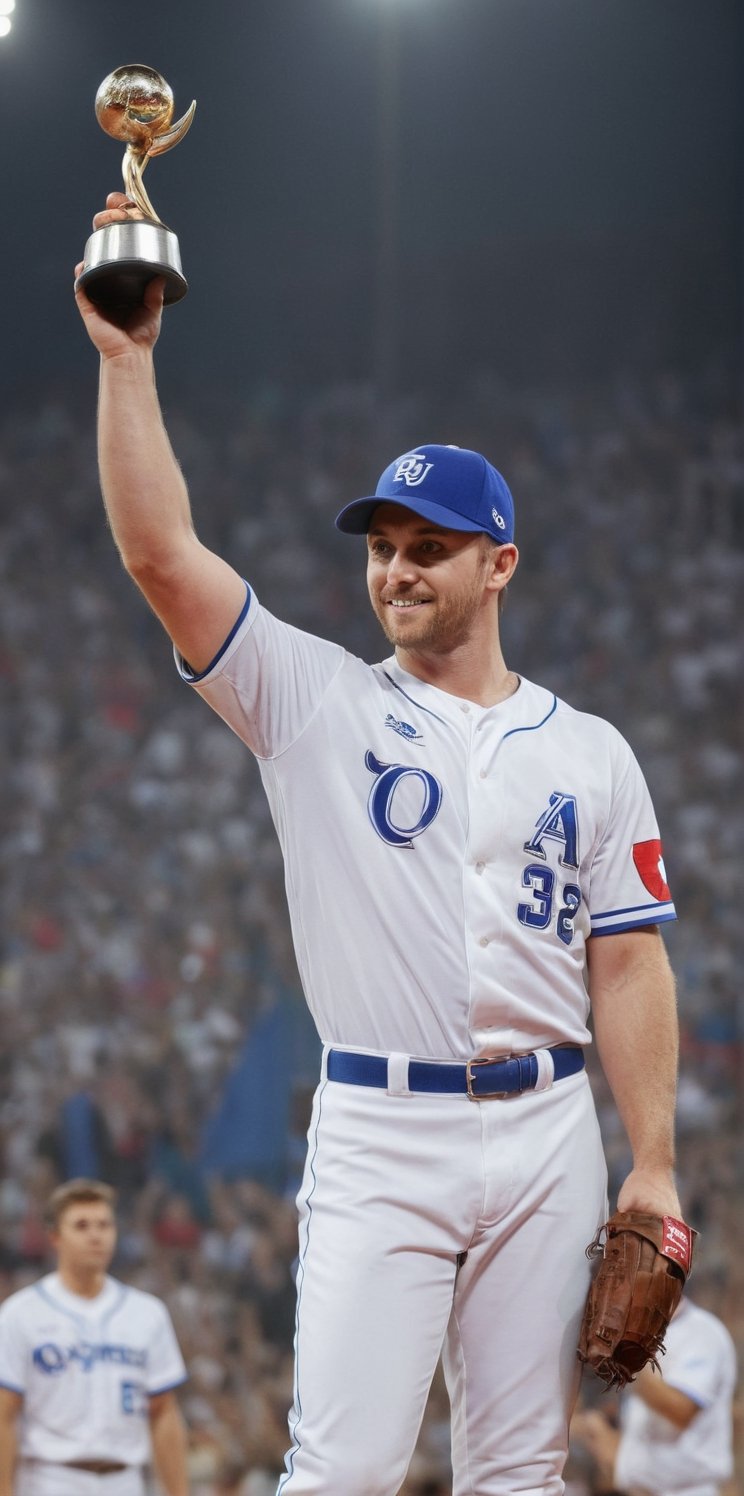 Imagine the following scene.

An Olympic podium. Standing a beautiful man raises a winner's trophy. In the background a stand full of people celebrating their victory

The man has the trophy in his hands extended upwards. Showing the entire public his prize. Expresses great joy.

The man is a baseball player. He wears a blue baseball uniform with red lines.

The man is from Latvia. Very large and bright blue eyes. Clear eyes. Long eyelashes, full and red lips. Muscular.

The image should reflect the baseball player's happiness for winning the trophy. Take care of the proportions. Very real.

The shot is wide to notice the details of the scene.