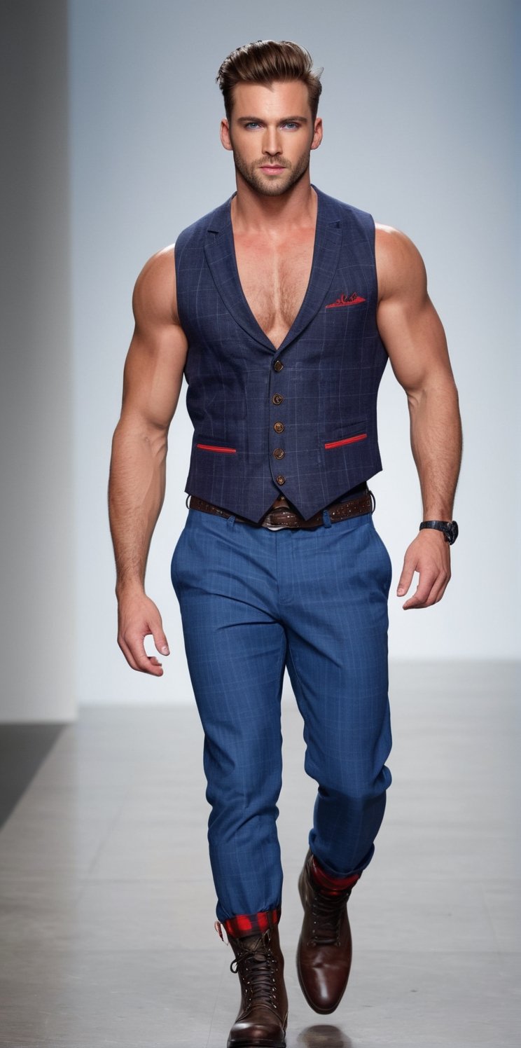 
Imagine the following scene.

On a fashion catwalk, a beautiful male model.

The man is from the United Kingdom. 20 years. Very big and bright blue eyes, full and red lips, long eyelashes, masculine. Brown hair. muscular, very large and stocky chest, very hairy chest, tall

He wears red and blue checked pants, pants with pockets on the sides, black boots, checked vest

dynamic pose. Walk the fashion catwalk, model pose

The close-up, the best quality, 8K, high resolution, masterpiece, HD, perfect proportions, perfect hands.
Imagine the following scene.

On a fashion catwalk, a beautiful male model.

The man is from the United Kingdom. 20 years. Very big and bright blue eyes, full and red lips, long eyelashes, masculine. Brown hair. muscular, very large and stocky chest, very hairy chest, tall

He wears red and blue checked pants, pants with pockets on the sides, black boots, checked vest

dynamic pose. Walk the fashion catwalk, model pose

The close-up, the best quality, 8K, high resolution, masterpiece, HD, perfect proportions, perfect hands.