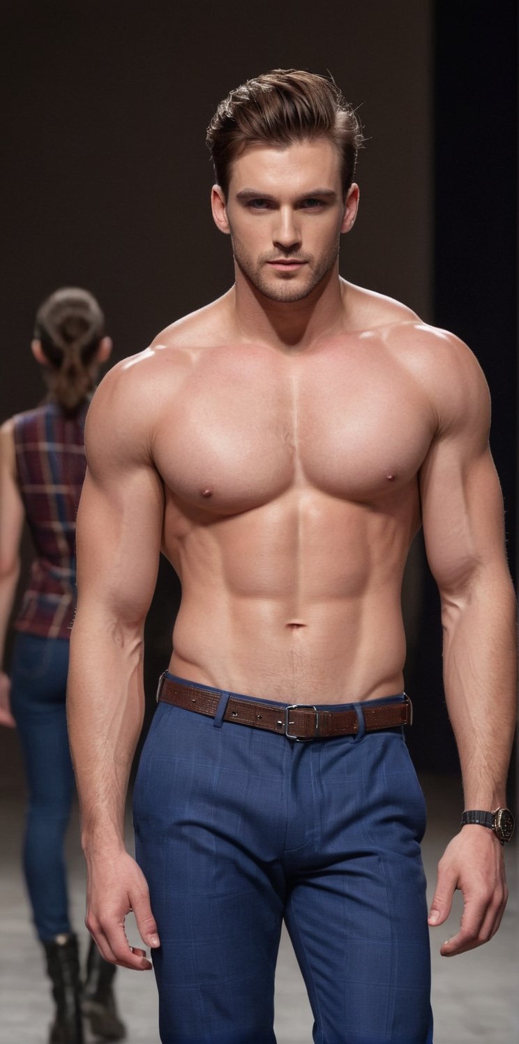 
Imagine the following scene.

On a fashion catwalk, a beautiful male model.

The man is from the United Kingdom. 20 years. Very big and bright blue eyes, full and red lips, long eyelashes, masculine. Brown hair. muscular, very large and stocky chest, very hairy chest, tall

He wears red and blue checked pants, pants with pockets on the sides, black boots, checked vest

dynamic pose. Walk the fashion catwalk, model pose

The close-up, the best quality, 8K, high resolution, masterpiece, HD, perfect proportions, perfect hands.
Imagine the following scene.

On a fashion catwalk, a beautiful male model.

The man is from the United Kingdom. 20 years. Very big and bright blue eyes, full and red lips, long eyelashes, masculine. Brown hair. muscular, very large and stocky chest, very hairy chest, tall

He wears red and blue checked pants, pants with pockets on the sides, black boots, checked vest

dynamic pose. Walk the fashion catwalk, model pose

The close-up, the best quality, 8K, high resolution, masterpiece, HD, perfect proportions, perfect hands.