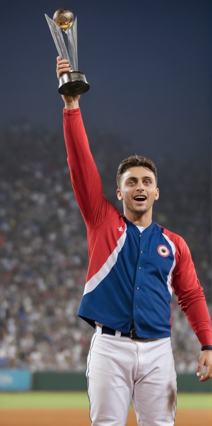 Imagine the following scene.

An Olympic podium. Standing a beautiful man raises a winner's trophy. In the background a stand full of people celebrating their victory

The man has the trophy in his hands extended upwards. Showing the entire public his prize. Expresses great joy.

The man is a baseball player. He wears a blue baseball uniform with red lines.

The man is from Yemen. Very large and bright blue eyes. Clear eyes. Long eyelashes, full and red lips. Muscular.

The image should reflect the baseball player's happiness for winning the trophy. Take care of the proportions. Very real.

The shot is wide to notice the details of the scene.