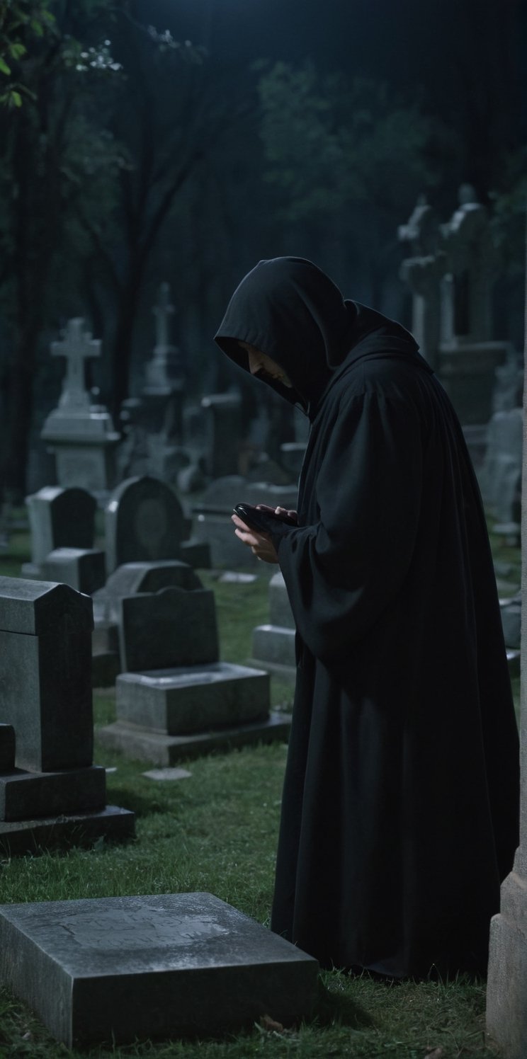 Imagine the following scene.

In a cemetery, with many tombstones, it is night, it is a very lurid, very mysterious place.

The shot is wide, to capture the details of the scene, the best quality, 8K, high resolution, masterpiece, HD, perfect proportions, perfect hands.