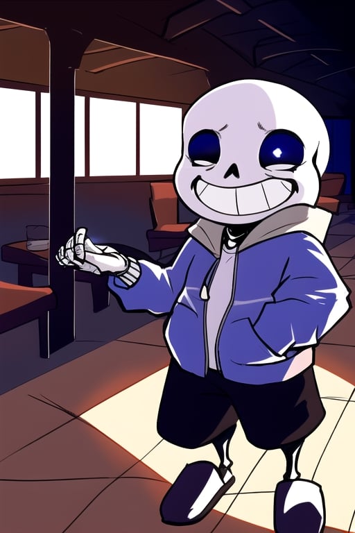 Sans' Radiant Smile"

Description:
In the midst of the Underground, where challenges and mysteries abound, Sans, the iconic skeleton from "Undertale," finds a moment of genuine happiness. His ever-present grin widens, and his eye sockets twinkle with delight.

Surrounded by friends and loved ones, he basks in the warmth of camaraderie and shared laughter. The chamber is filled with a sense of mirth and contentment, a stark contrast to the usual seriousness of the underground world.

The room is bathed in soft, warm light, creating a cozy and inviting atmosphere. The comforting sounds of laughter and conversation fill the air, and the worries of the world are temporarily forgotten.

Sans, dressed in his classic hoodie and shorts, savors the simple pleasures of life, enjoying a peaceful moment where the weight of responsibility and the challenges of multiple realities are set aside.