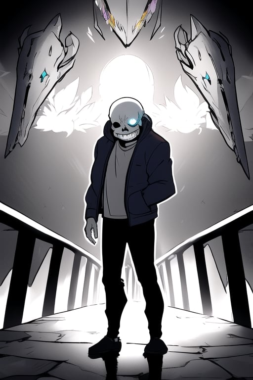 Sans' Hidden Tears"

Description:
Amid the echoes of the Underground, where the weight of countless timelines and dimensions rests on his bony shoulders, Sans stands in solitude. The usual smirk on his skull-like face has faded, revealing a rare glimpse of the deep sadness he carries.

Tears glisten in the corners of his empty eye sockets, their blue hue reflecting the pain that he conceals from the world. The echoes of battle, determination, and endless challenges have taken their toll, and Sans' seemingly unshakable composure finally gives way.

He stands in a dimly lit chamber, a solitary sentinel in a world of complexity and conflict. The weight of hopelessness and despair bears down on him, making it impossible to hide his true emotions any longer.