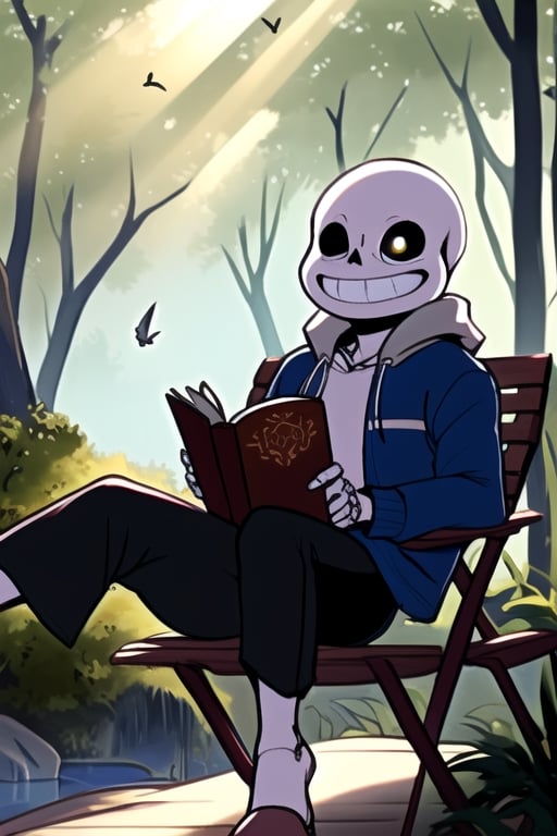Sans' Secret Sanctuary"

Description:
Imagine a hidden sanctuary deep within Snowdin Forest where Sans, the lovable skeleton, goes to relax and unwind. Sans is seen lounging on a hammock, a book in one hand, and his signature ketchup bottle in the other. He's dressed in his iconic hoodie and shorts, wearing his laid-back grin.

The sanctuary is nestled beneath a thick canopy of trees, and the soft, dappled sunlight filters through the leaves, creating a serene atmosphere. In the background, there's a lazy river gently flowing by, reflecting the hues of the forest. The sound of chirping birds and rustling leaves add to the tranquility of the scene.