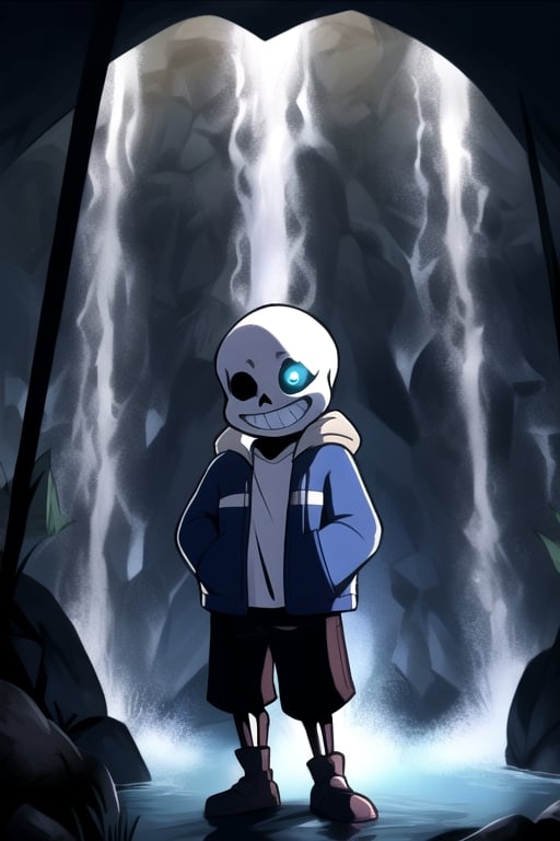 Sans in Waterfall"

Description:
Set the scene in the mysterious and captivating location of Waterfall from "Undertale." Sans, the iconic skeleton, is standing on one of the ancient, stone bridges overlooking the glowing, bioluminescent mushrooms that light up the dark cavern.

Sans is dressed in his classic hoodie and shorts, with his hands in his pockets and his ever-present smirk on his face. The soft blue and purple glow from the mushrooms casts an otherworldly light on his skeleton figure.

In the background, you can include the sound of running water and echoes of distant monsters, adding to the ambiance of this unique underground world. The environment should capture the mystique and magic of Waterfall, with its eerie beauty and sense of adventure.