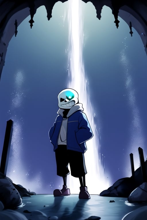Sans in Waterfall"

Description:
Set the scene in the mysterious and captivating location of Waterfall from "Undertale." Sans, the iconic skeleton, is standing on one of the ancient, stone bridges overlooking the glowing, bioluminescent mushrooms that light up the dark cavern.

Sans is dressed in his classic hoodie and shorts, with his hands in his pockets and his ever-present smirk on his face. The soft blue and purple glow from the mushrooms casts an otherworldly light on his skeleton figure.

In the background, you can include the sound of running water and echoes of distant monsters, adding to the ambiance of this unique underground world. The environment should capture the mystique and magic of Waterfall, with its eerie beauty and sense of adventure.