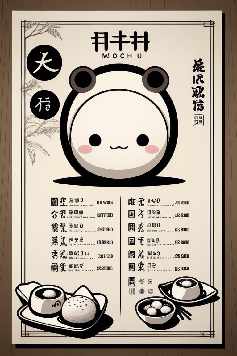 The ((detailed menu:1.2)) of the Japanese restaurant Mochi, the restaurant is named after the cartoon character of the Japanese dessert Mochi with big cute eyes, around the perimeter there is an inscription with the name of the restaurant "Mochi", Japanese engraving style, monochrome, design by Katsushiki Hokusai, minimalism, super realistic, 4k resolution,
