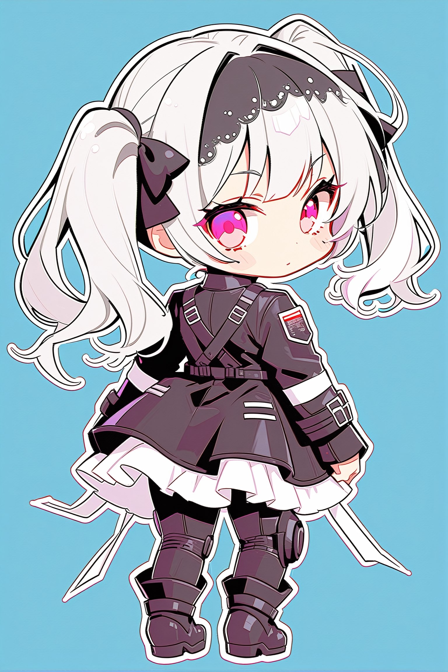 (Chibi), Lolita,  (Chibi) Cute girl,4 year old, silver hair, twin tails, back view, modern combat suit,(simple background),
