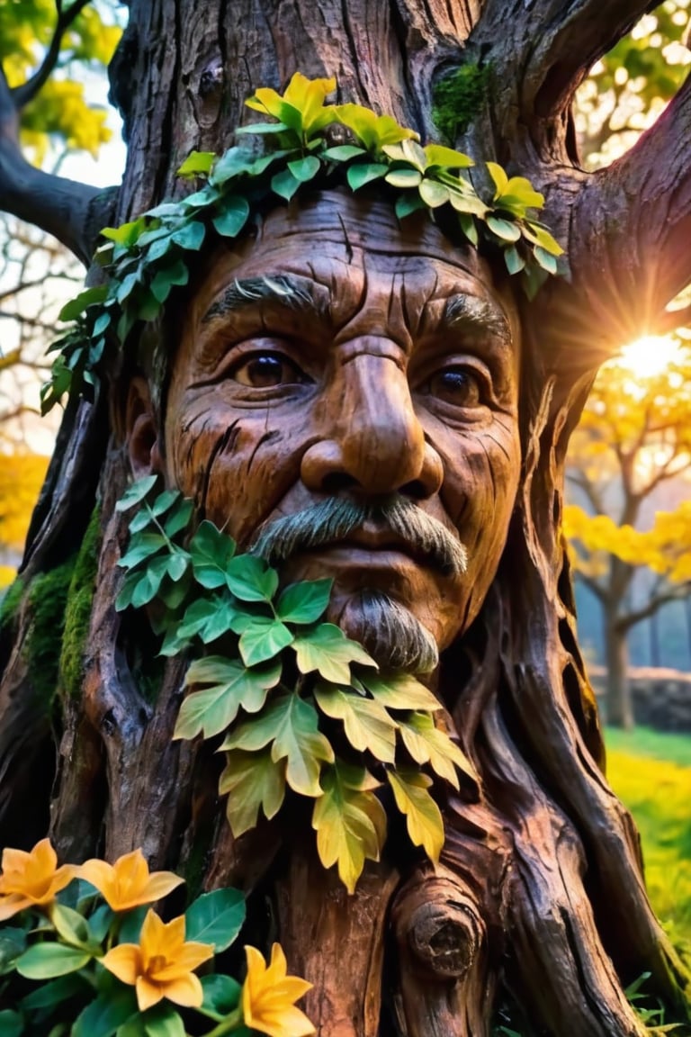 hyper realistic photo, 8k, faint face features in the bark of a leafy oak tree, medium shot, magical and fantastic face, old tree look, open eyes hidden in the bark, wide nose hidden in the bark, bark texture realistic wood, long branches, bark-like mouth, magical forest background, colorful flowers, sunset, cinematic style, vivid colors of nature, vivid tree, mother nature