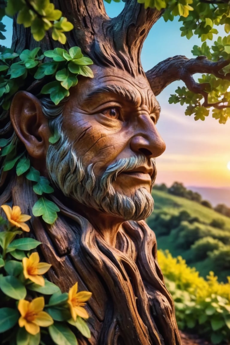 hyper realistic photo, 8k, faint face features on the bark of a leafy oak tree, medium shot, magical and fantastic face, old tree look, open eyes hidden in the bark, very small flattened wide nose hidden in the bark, realistic wood bark texture, long branches, flat mouth similar to indistinct bark, magical forest background, colorful flowers, sunset, cinematic style, vivid colors of nature, vivid tree, nature