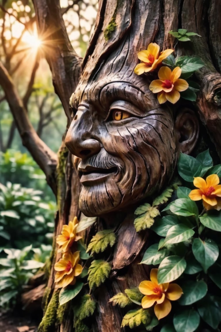 hyper realistic photo, 8k, faint face features in the bark of a leafy tree, medium shot, magical and fantastic face, old tree look, open eyes hidden in the bark, wide nose hidden in the bark, wood bark texture realistic, long branches, bark-like mouth, magical forest background, colorful flowers, sunset, cinematic style, vivid colors of nature, vivid tree, mother nature