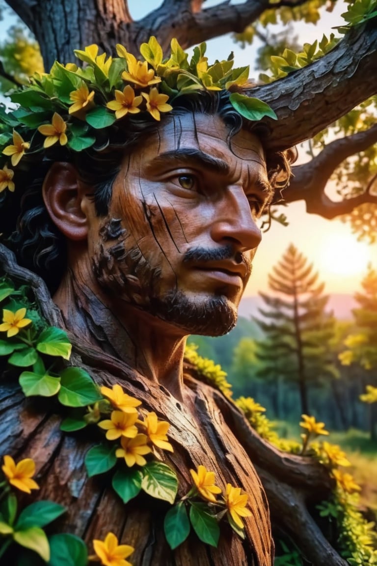 hyper realistic photo, 8k, faint face features on the bark of a leafy oak tree, medium shot, magical and fantastic face, old tree look, open eyes hidden in the bark, very small flattened wide nose hidden in the bark, realistic wood bark texture, long branches, flat mouth similar to rough bark, magical forest background, colorful flowers, sunset, cinematic style, vivid colors of nature, vivid tree, mother nature