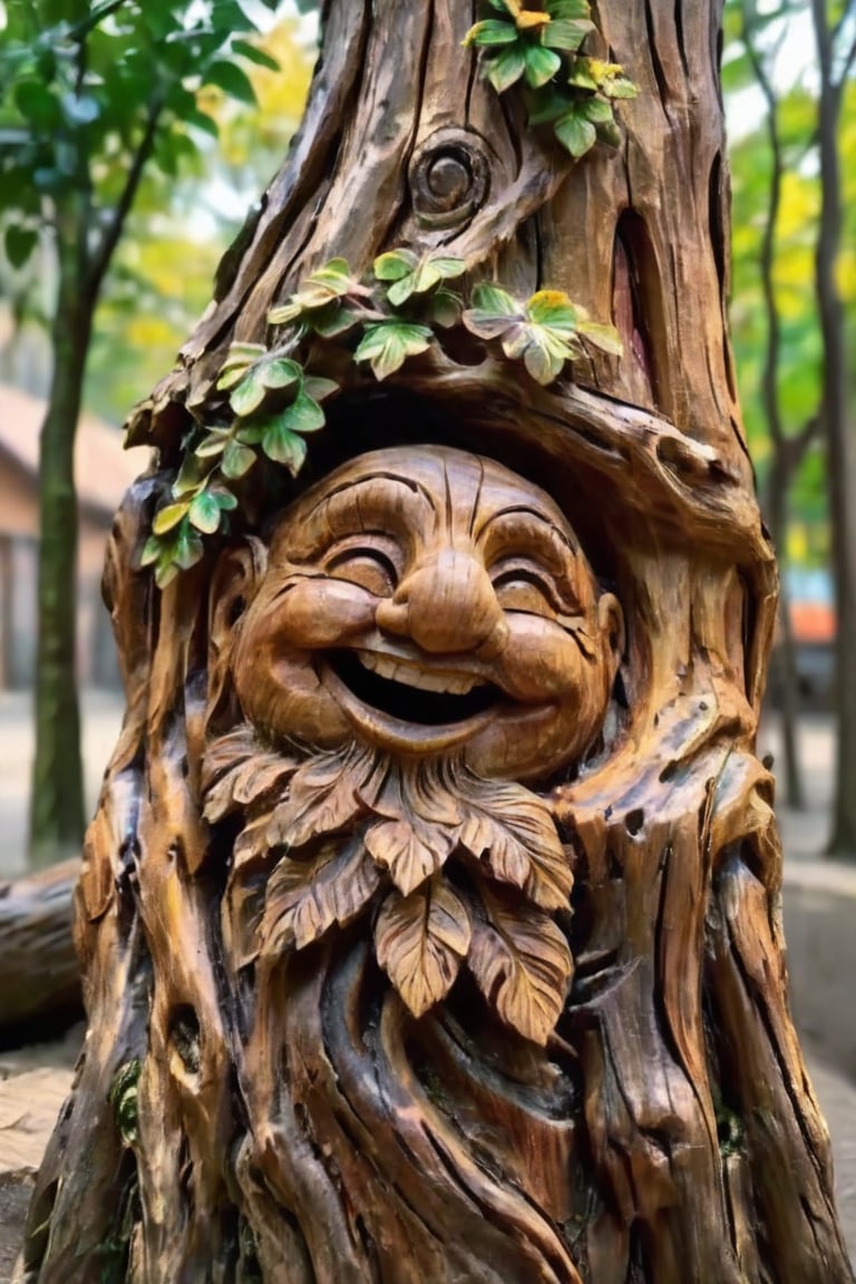 hyper realistic photo, 8k, faint face features on leafy tree, close up, magical fantastic face on tree trunk, old tree look, realistic eye faint features, wide nose, realistic wood bark texture, branches, friendly smile sketch, magic forest background, colorful flowers, sunset, cinematic style, vivid colors of nature, wood carving style, vivid tree simulation