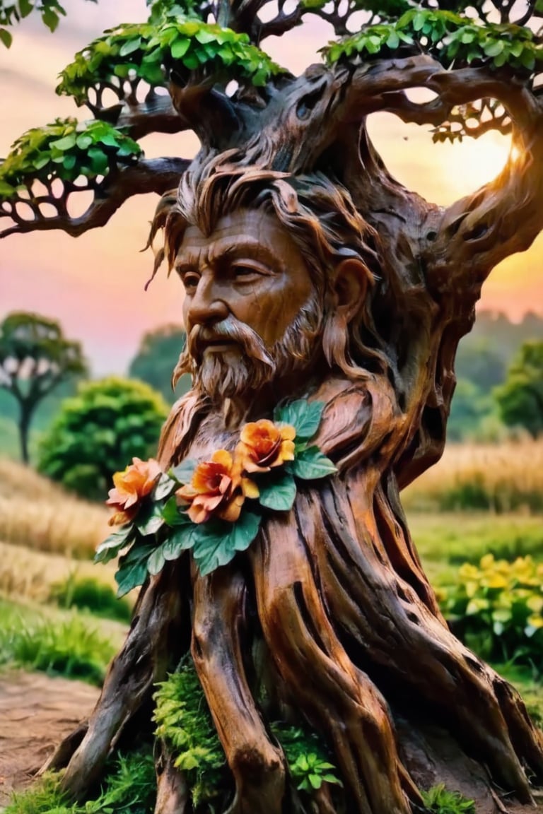 hyper realistic photo, 8k, leafy oak tree, medium shot, face, magic forest spirit, old tree look, realistic wood bark texture, long branches, magic forest background, colorful flowers, sunset, style film, living colors of nature, living tree, father nature