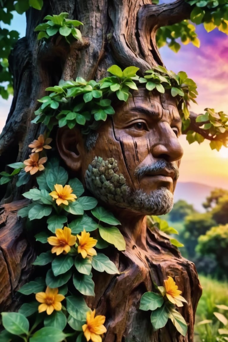 hyper realistic photo, 8k, faint face features on the bark of a leafy oak tree, medium shot, magical and fantastic face, old tree look, open eyes hidden in the bark, wide flattened nose a little flat, hidden in the bark , realistic wood bark texture, long branches, bark-like mouth, magical forest background, colorful flowers, sunset, cinematic style, vivid colors of nature, vivid tree, mother nature