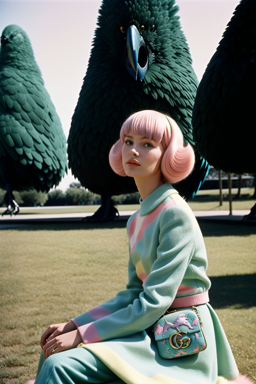 A photo of a woman Gucci model sitting in a beautiful park in 1970, there is an enormous weird bird beside her, she is in a pastel Miu Miu outfit from 1965 with a bold pattern, The bird creature is pastel and colorful, photo by Wes Anderson in 1965 from a sci-fi campy film, her hair is 1970s style, cinematic photo,