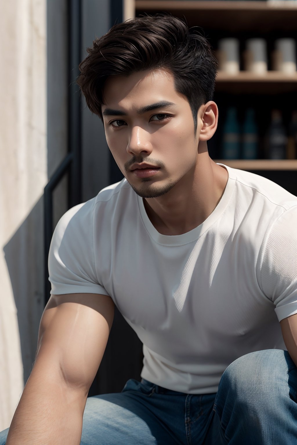 (masterpiece, top quality, best quality, official art, hdr, high contrast, ultra high res), light brown hair, whort pulled back hair, looking at viewer, 1man, solo, a muscular Korean boy, 20yo, tall, great muscular , broad shoulders, biceps, white collared shirt, open shirt, jeans,
thin lips, squinted eyes, sharp cheeks, sharp jawline, flared nose, black_eyes, dark olive skintone, 