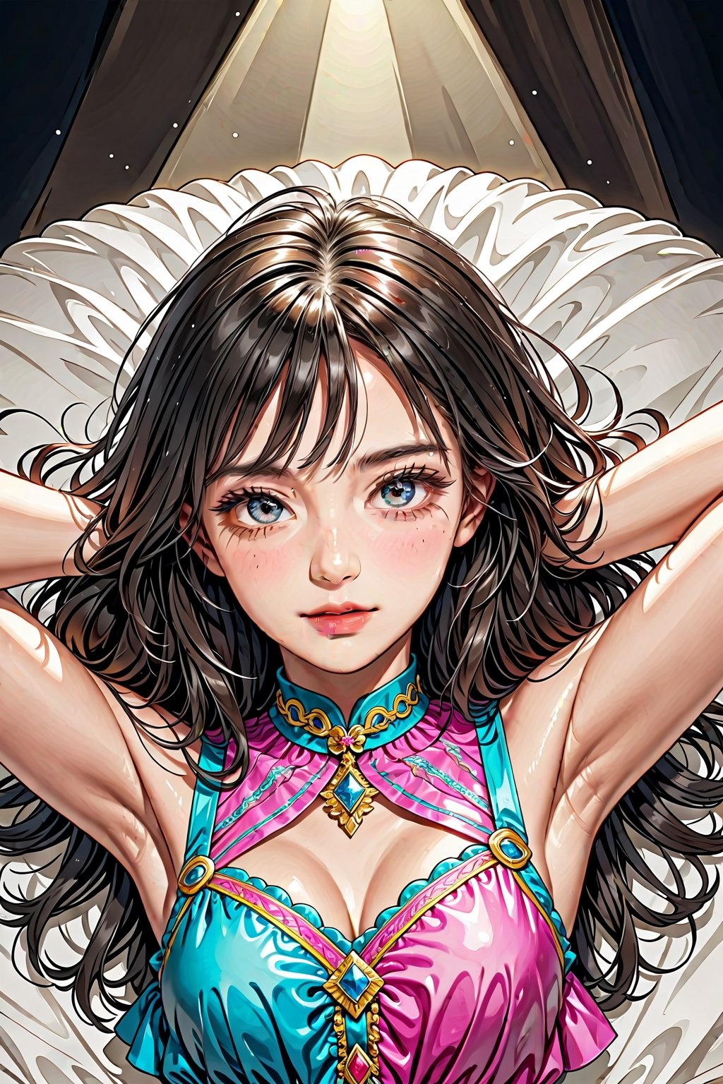 1girl-in-her-teens, irresistible-bishoujo, no-virgin-anymore, mix-of-natural-hair-styles, realistic-detailed-skin, (((Ultra-HD-details, Ultra-HD-detailed, Ultra-HD-realistic))), remarkable-colors, Cropped frilled shirt worn with a flowy chiffon long skirt, mix-of-every-stripper-poses, lying-down, Sexy Pose, dreaming-pov, supporting-pose, (((relaxed))), cinematic-lighting, LinkGirl, Enhanced All, xxmixgirl,<lora:659095807385103906:1.0>