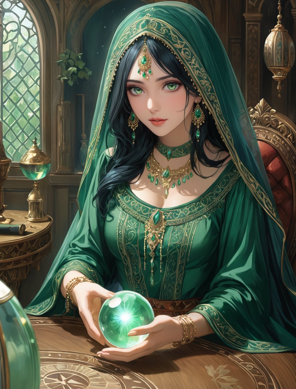 {(with mysticism and mistery as her ancestors heritage, the fortune teller BREAK(pale, {long straight {black hair}}, {delicate {green colored romani dress with a veil}}, light colored eyes:1.5) sitting at her {round table with a {crystal ball}} in front of it ready to see the future of the viewer:1.5)}, {(best quality impressionist masterpiece:1.5)}, (ultra detailed face, ultra detailed eyes, ultra detailed mouth, ultra detailed body, ultra detailed hands, detailed clothes), (immersive background + detailed scenery), {symmetrical intricate details + symmetrical sharpen details}, {(aesthetic details + beautiful details + harmonic details)}
