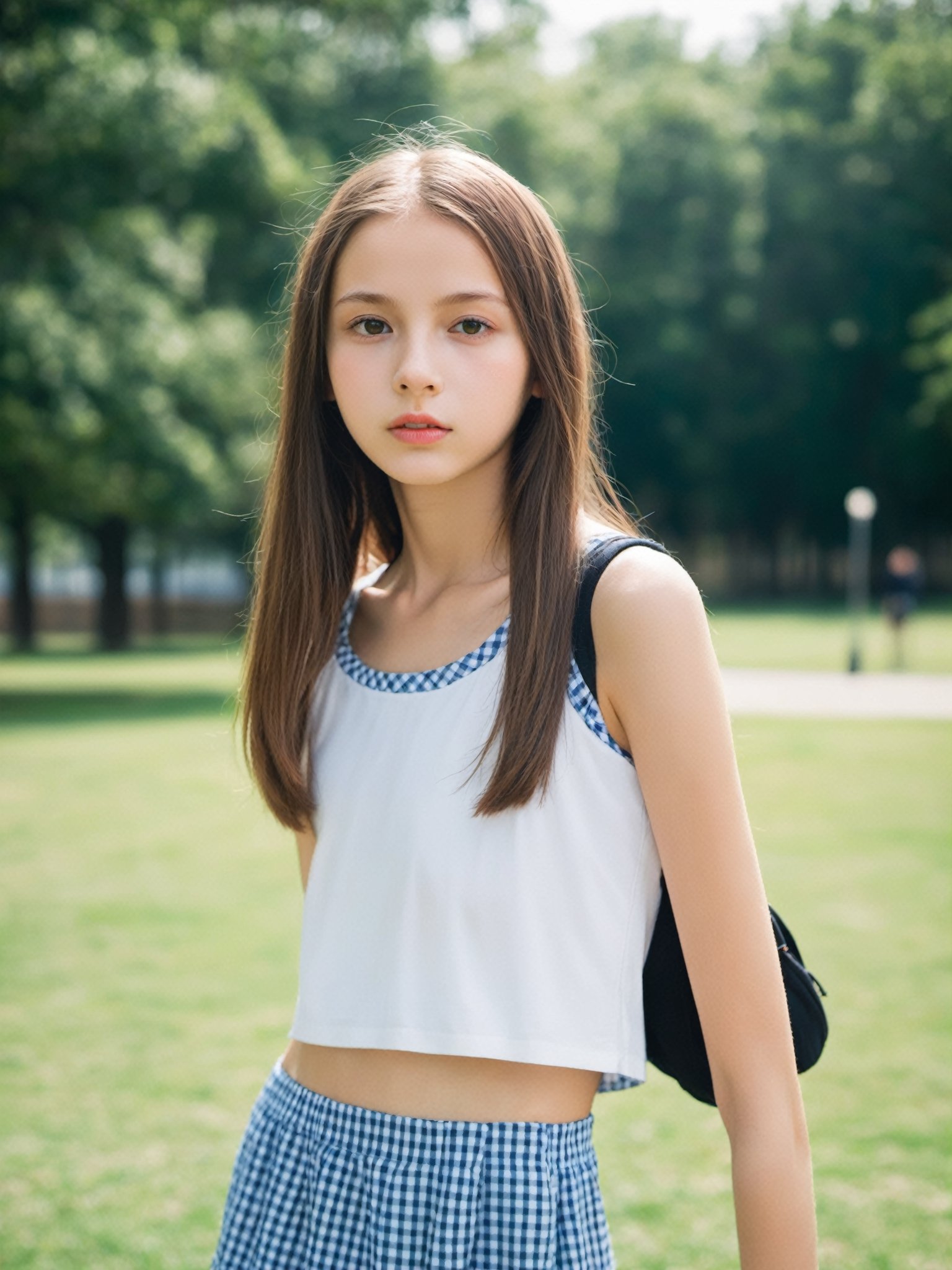 a full-body portrait photo of a young Russian model, (age 12-15:2), gorgeous face, smooth soft skin, looking at viewer, make up, (pubescent girl, jailbait:1.2), (summer school uniform:1.1), (outdoors, in deserted park, in the morning, dark background:1.4)