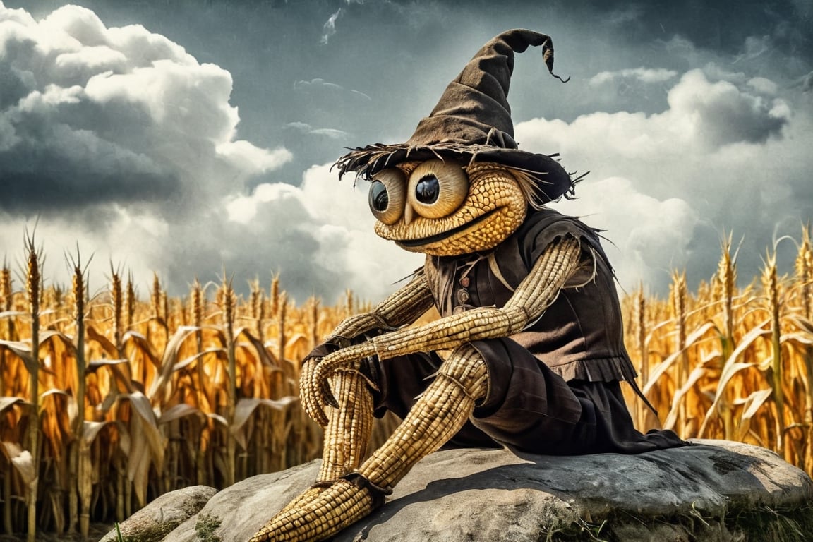 hiperrealistic style,professional ink painting,grunge,hiperrealistic, straw man sitting on a rock in a thoughtful posture,made entirely of fine straw, button big  eyes, velvet top eerie hat, detailed peasant clothing, looking at an ear of corn,dark look, a corn field in the background, clouds, amazing face detailed,mysterious, dark and mystical atmosphere, environmental particles floating carbonicas: 1.9, very detailed hat, realism pushed to the extreme, masterpiece, full shot, fear, mouth with seam, wind blowing, elements such as leaves and dust flying, dramatic,,4k,volumetric,insane detailed anatomy,LegendDarkFantasy,