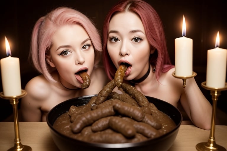  two girls, one a cute, 18-year-old, skinny, naked tattooed girl with striking pink hair, and the other, her best friend, a tiny teen with vibrant hair, cosplay make-up

sucking long shit eating full mouth of long turd of big shit dierra scat turd, with a very hungry expression. The dimly lit, elegant dining table is illuminated by soft candlelight, and her face reflects a mix of delight and longing, creating a moment of cinematic intimacy

mouth full of shit, shit face, scat smear face, naked, choker, warm lights, harness, stockings, high heels, ((eating scat)), ((shit in mouth)), ((turd suckingt)),