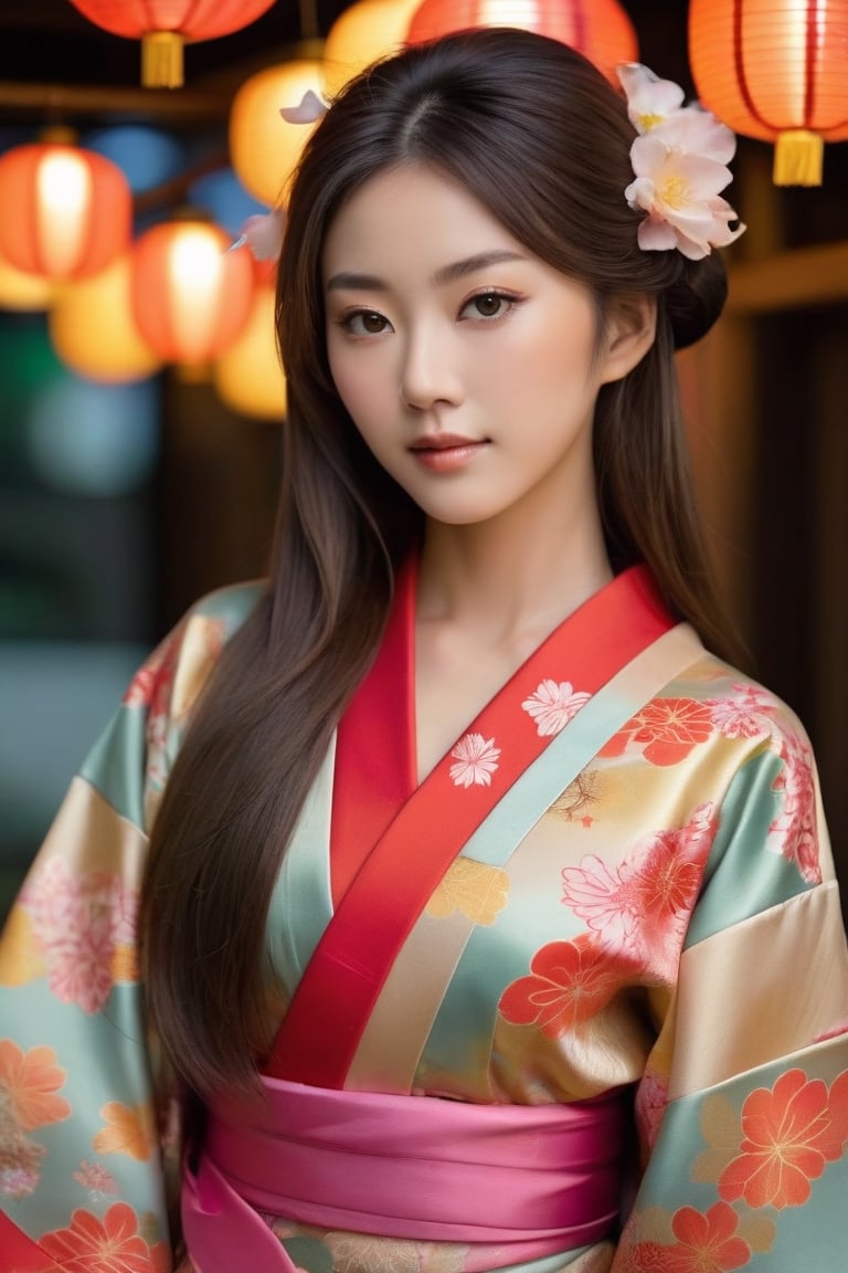 A breathtakingly beautiful Japanese girl with delicate facial features and an alluring figure. She wears a vibrant yukata with intricate floral patterns, the folds accentuating her feminine curves. Long flowing hair adorned with festival accessories. Radiant skin glowing in the warm festival lights. Highly detailed,
, photorealistic:1.3, best quality, masterpiece,MikieHara