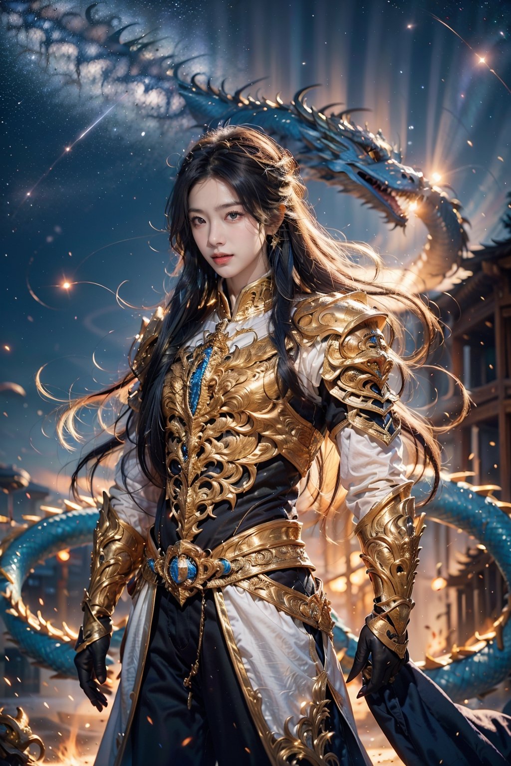 1boy,Emperor, long blue hair, blue armor, luminous magic, luminous golden dragon, starry sky, meteor,
,realistic