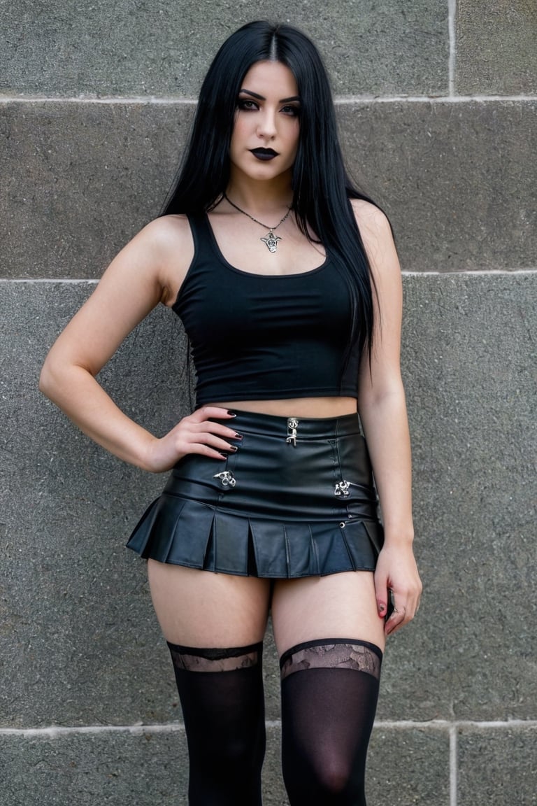 A very pretty goth lady posing in a black top and black micro skirt, with long black hair, Fujifilm X-T4, Sony FE 85mm, 32k 
many details, extreme detailed, full of details,
Wide range of colors., Dramatic,Dynamic,Cinematic,Sharp details
Insane quality. Insane resolution. Insane details. Masterpiece. 32k resolution.