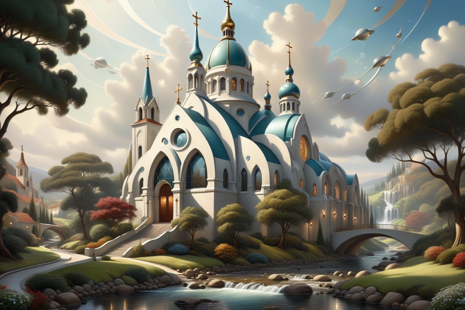 by Michael Parkes and Diego Rivera, (retro futurism , digital art but extremely beautiful:1.4)Masterpiece, best quality, hi res, 8k, close up photo of realistic and futuristic image of a church in a country setting with a stream running through it,, inspired by Thomas Kinkade