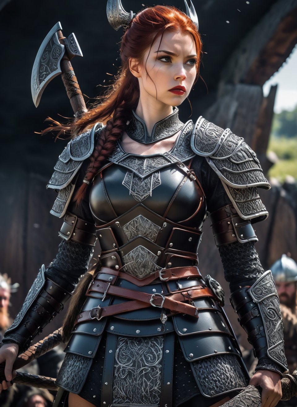1girl, a female Vikings warrior black widow armor, large breast, Custom vikings armor design, body,  holding, weapon master, Axes, lead warriors of vikings, nsfw
