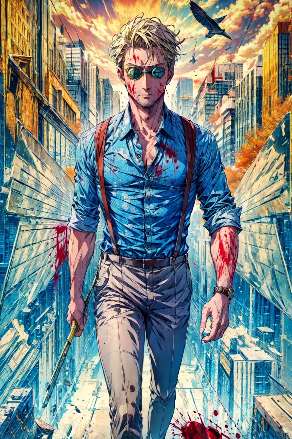 masterpiece, best quality, absurdres, NanamiBase, goggles, blue shirt, collared shirt, suspenders, grey pants, indoors, cinema, dark, blood, standing,