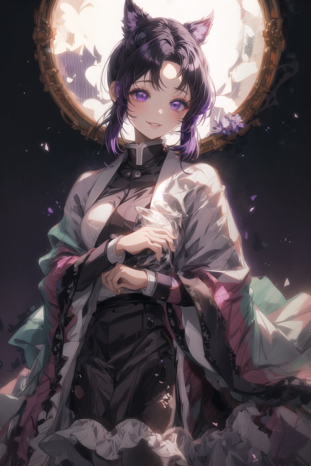 masterpiece, best quality, ultra-detailed, shinobuDB, demon_slayer_uniform, violet eyes, short black hair with violet tips, black uniform, white haori, open uniform, bare breasts, small breasts, pink nipples, solo, smile, japanese_clothes, closed_mouth, lips, cloud, sky, blue_sky, day, sidelocks, volumetric lighting, best quality, masterpiece, intricate details, tonemapping, sharp focus, hyperdetailed, trending on Artstation