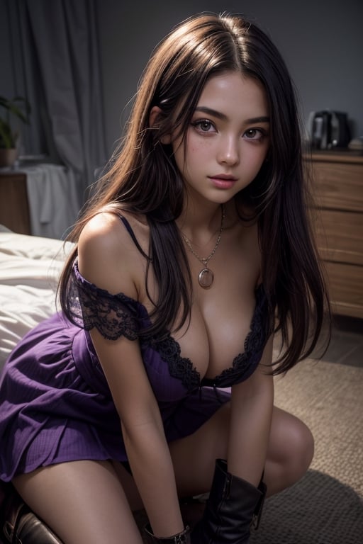 a 19 years old, colombian girl, 1girl, (((19yo))), (((bautiful))), ((lolicon)), beatiful, a 19 yeras old Teen Girl, Latina, voluptuous giant breasts, giant areolas. ((Long straight violet hair)), nose piercing. Expressive dark brown eyes, beautiful body. Artistic, dreamy, always with her head in the clouds. It has an artistic and bohemian style, with colorful dresses and skirts, statement necklaces and leather boots. (totale dark background), 1girl, masterpiece, best quality, high resolution, 8K, HDR, bloom, raytracing, detailed shadows, bokeh, depth of field, film photography, film grain, glare, (wind:0.8), detailed hair, beautiful face, beautiful girl, ultra detailed eyes, cinematic lighting, (hyperdetailed:1.15), , little_cute_girl,