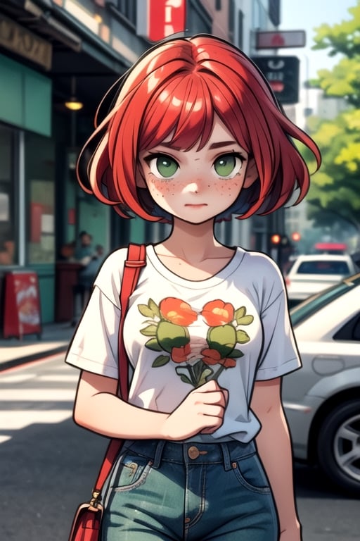 a 16 years old, irish girl, (((16yo))), (((bautiful))), ((lolicon)), beatiful,1girl,  girl, a 16 yeras old Teen Girl, Thin, short, medium breasts, mole next to the left nipple, (((red hair))), (((green eyes))), freckles on the nose. clear skin. Shy, introverted, lover of nature and animals. Dress in a natural and comfortable style, with t-shirts with nature prints, jeans, street, blurry background (totale dark background),
